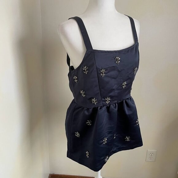 Anthropologie Dhruv Kapoor Beaded Rhinestone Satin Navy Diamante Sleeveless - Picture 2 of 10